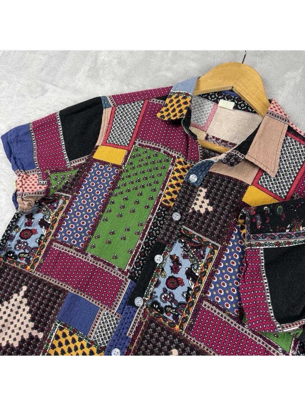Vintage Patchwork Abstract Casual Button Up Shirt Colorblock Festival Top Size M - Picture 7 of 8